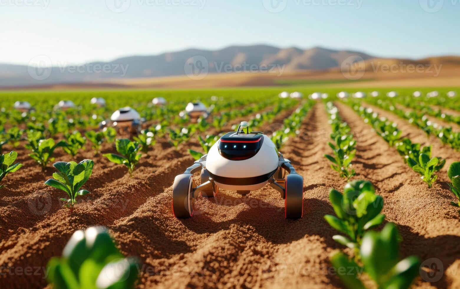 Advanced robots utilize technology to regenerate crops in a futuristic agricultural landscape photo