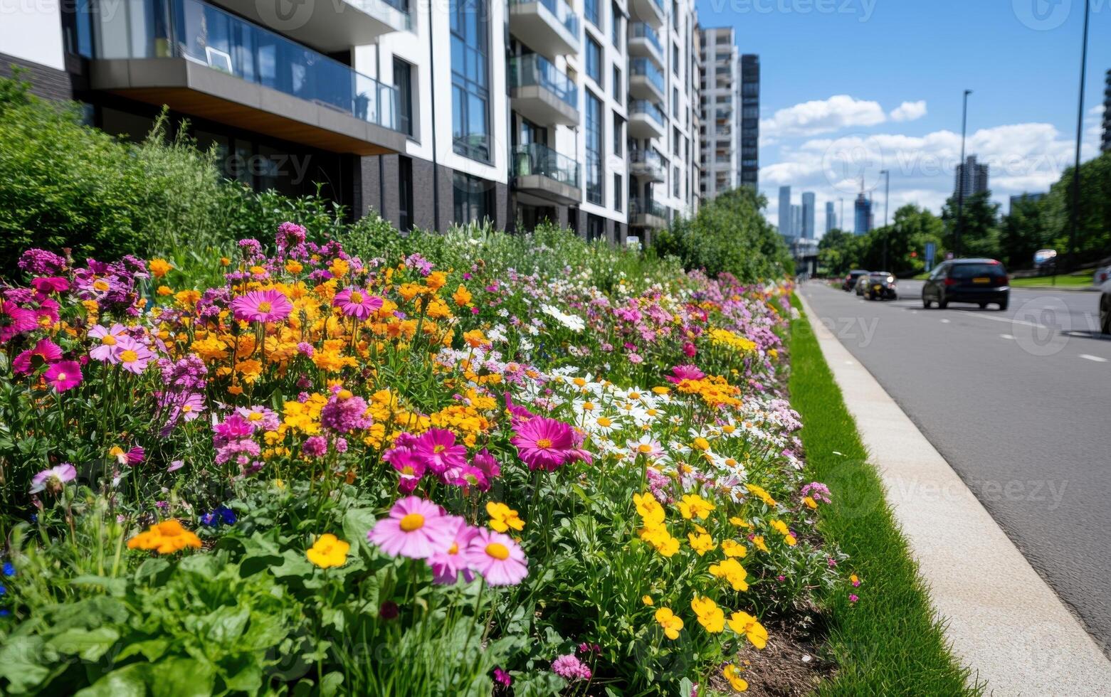 Colorful wildflowers bloom alongside a modern urban road with green zones and city skyline in the background photo