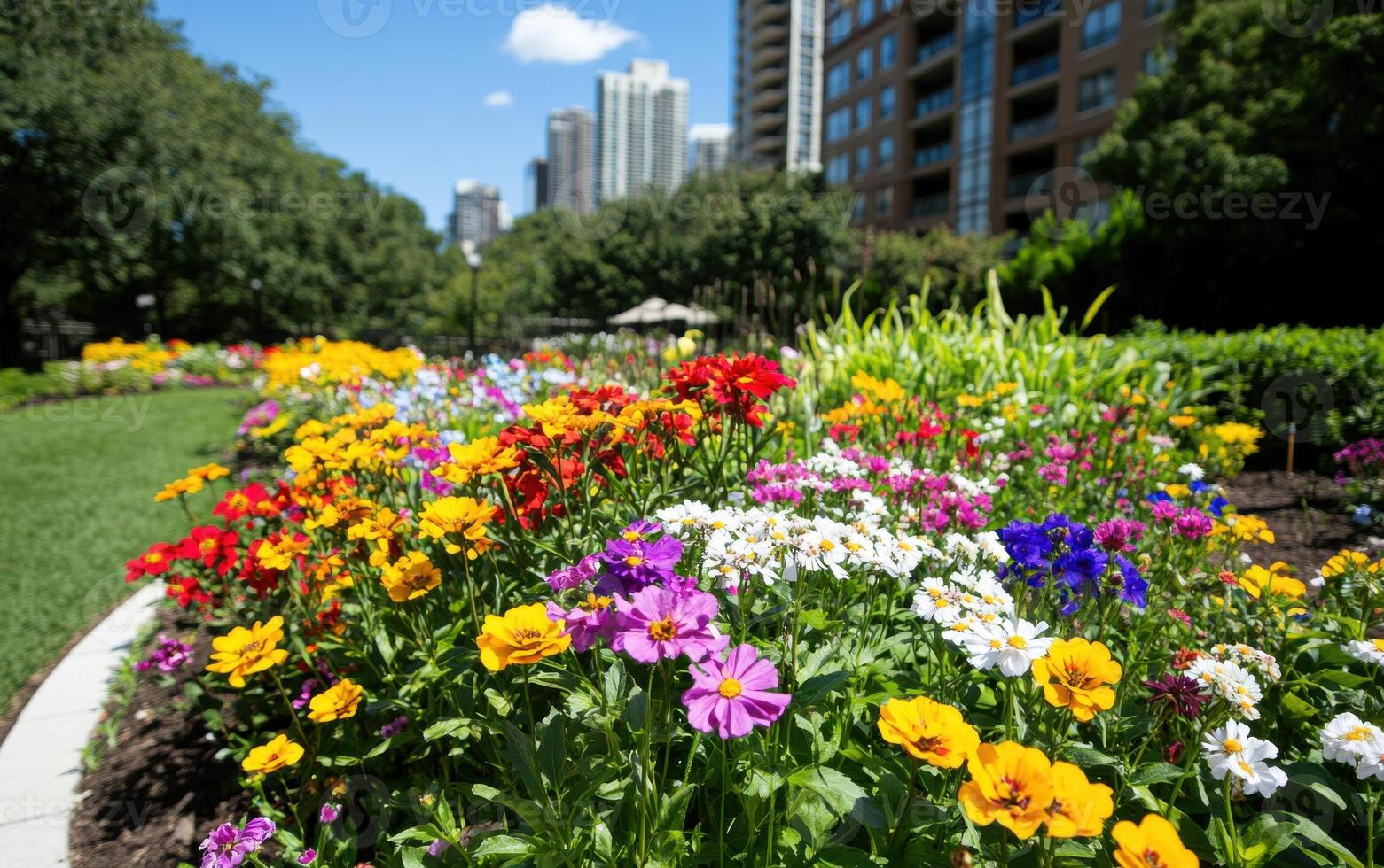 Vibrant garden filled with diverse flowers continuously blooming in an urban setting during a sunny afternoon photo