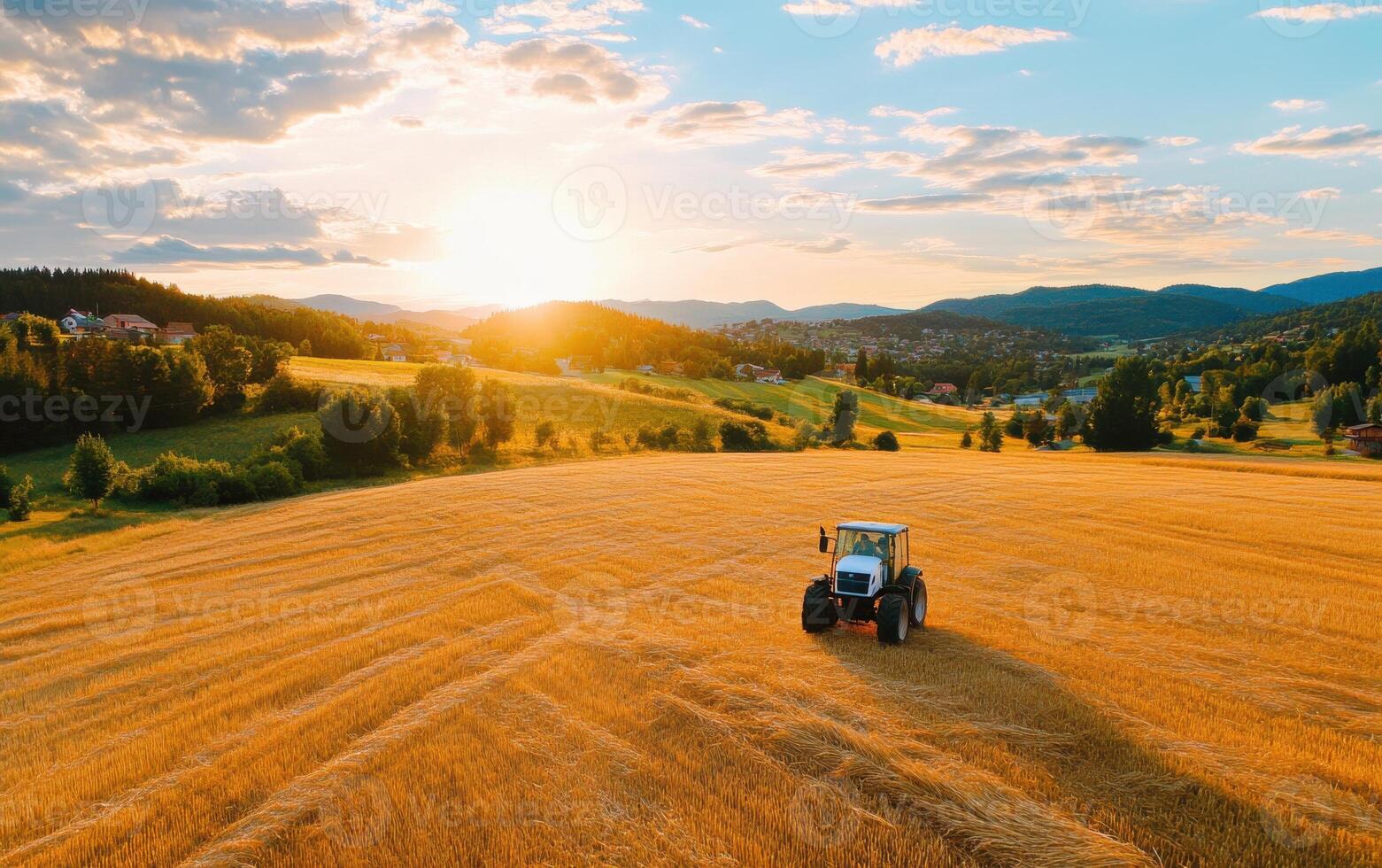 Crops being tended to by a small tractor at sunset in a vibrant field surrounded by hills photo
