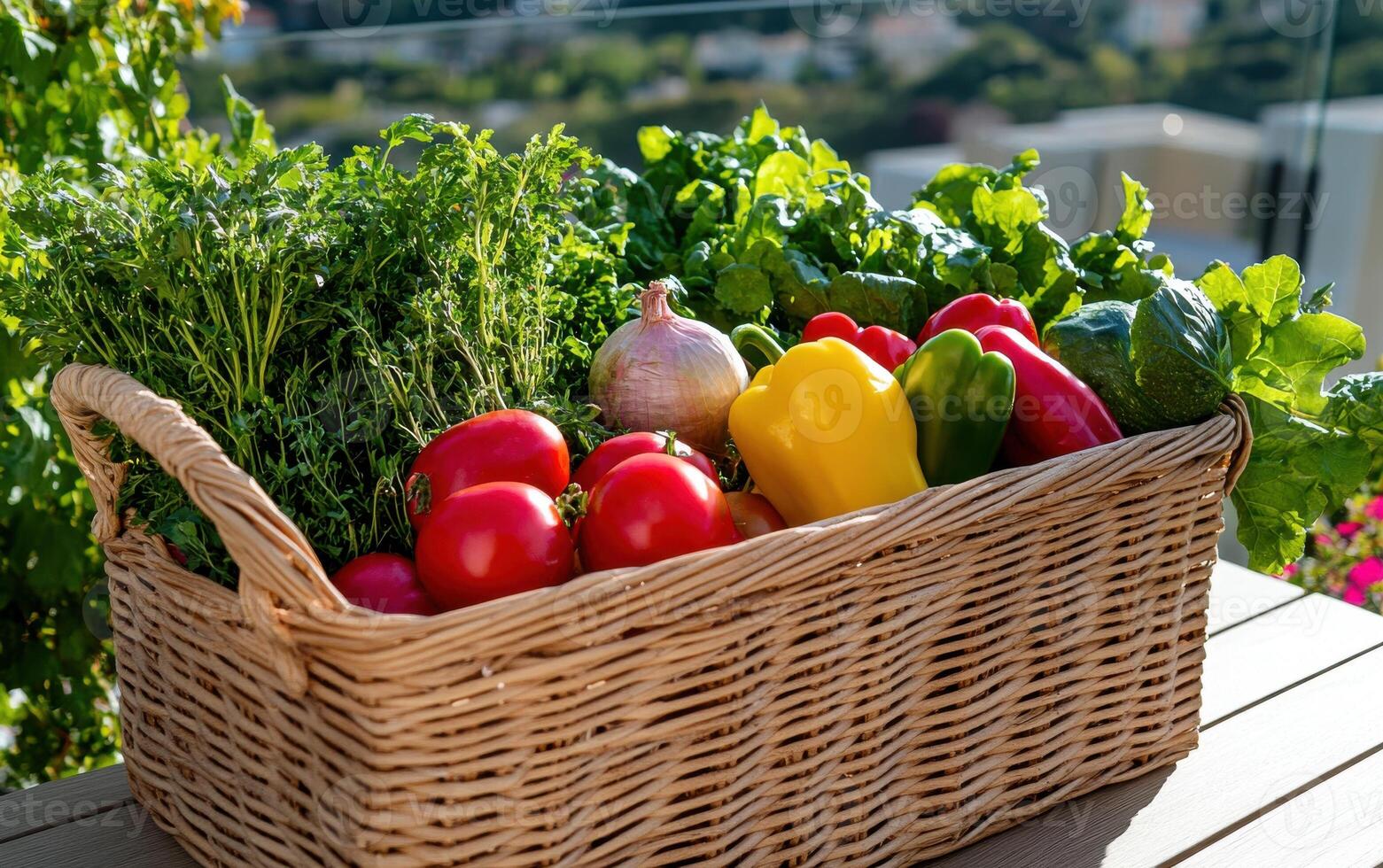 Freshly harvested vegetables from a micro-farm on a balcony ready for cooking and enjoying photo