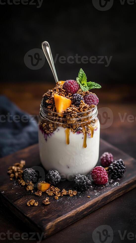 Fresh yogurt parfait with granola, mixed berries, and honey served in a jar on a rustic wooden board photo