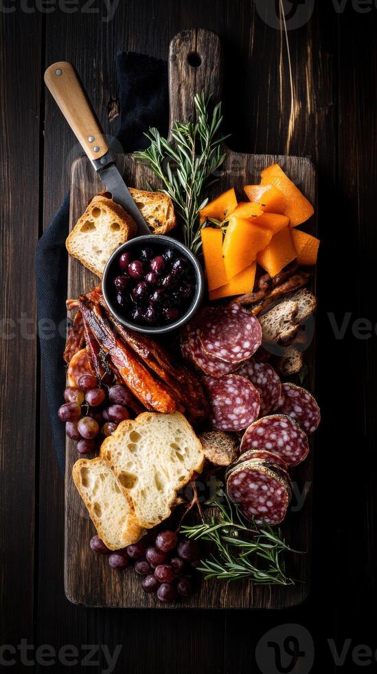 Charcuterie board filled with cured meats, cheeses, and fresh fruits at a rustic farm setting photo