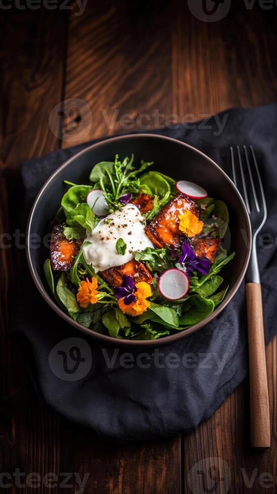 Fresh farm to table salad featuring vibrant greens, edible flowers, and creamy toppings served on rustic wooden table photo