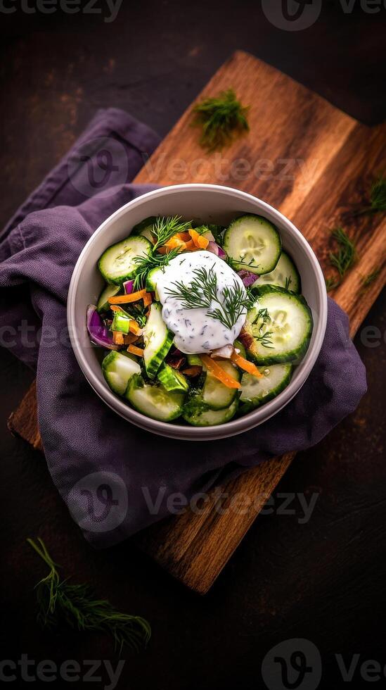 Fresh farm to table salad featuring cucumbers, colorful vegetables, and yogurt dressing presented on wooden surface photo