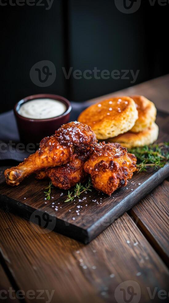 Crispy chicken with freshly baked biscuits and creamy dip served on a rustic wooden platter at a farm to table restaurant photo