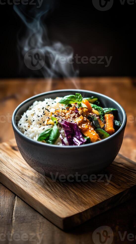 Fresh vegetables and rice served in a bowl showcasing farm to table culinary practices photo