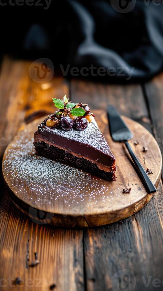 Delicious chocolate cake served on rustic wooden board in a cozy farm to table setting photo
