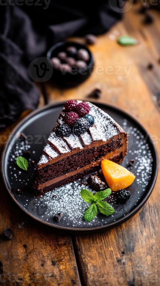 Delicious chocolate cake with fresh berries and mint on a rustic wooden table in a farm to table setting photo