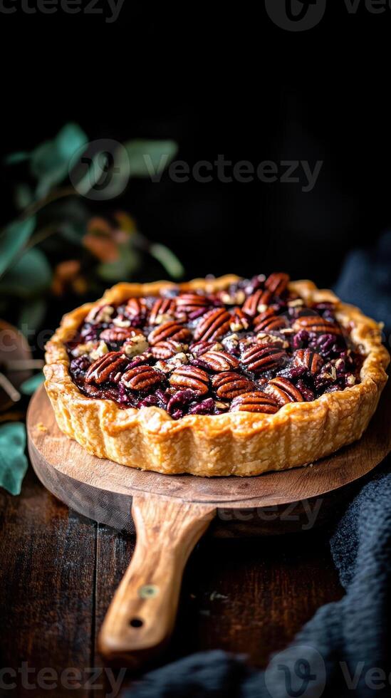 Delicious farm to table pecan pie with a golden crust and rich filling nestled on a wooden serving board photo