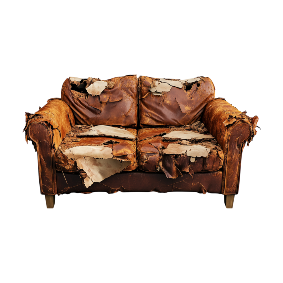 a brown leather couch with torn up fabric png