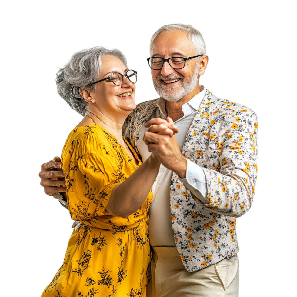 happy senior couple dancing together on transparent background png