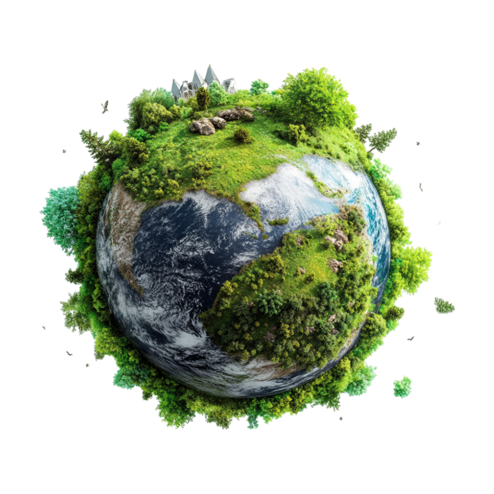 an earth globe with trees and grass on it png