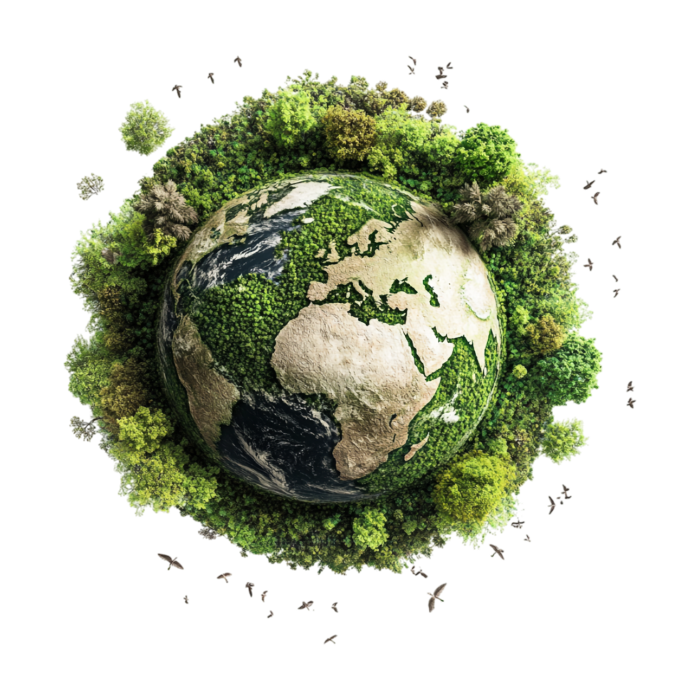 a green earth surrounded by trees and birds png