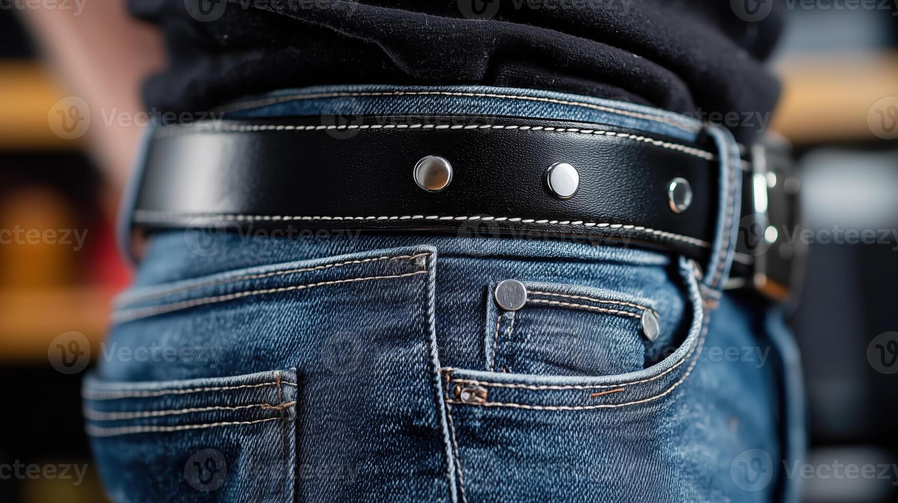 Close-up of a stylish black leather belt worn over blue denim jeans photo