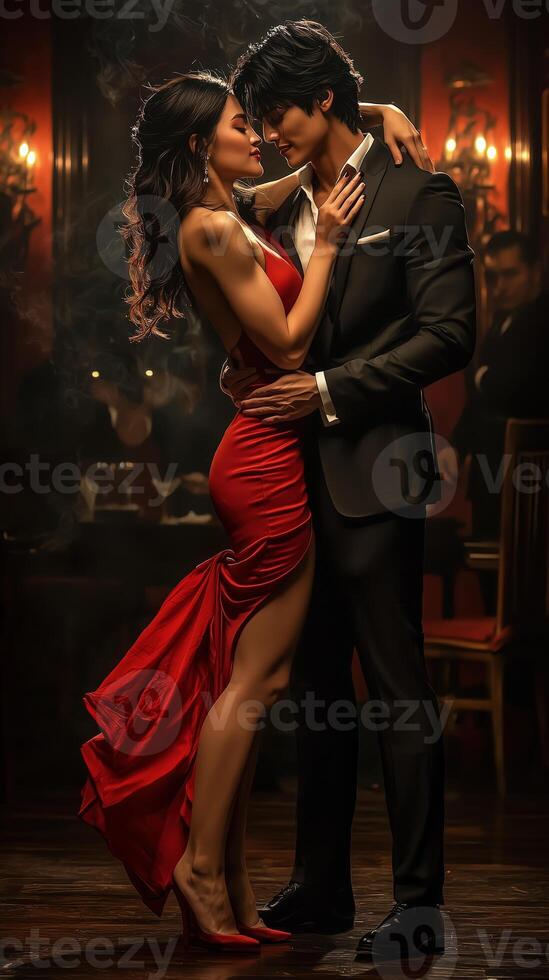 Elegant couple dancing in a romantic setting with dramatic lighting and fashionable attire photo