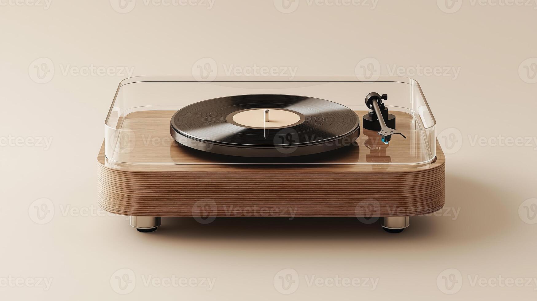 Modern minimalist turntable with transparent cover and black vinyl record on a beige background photo