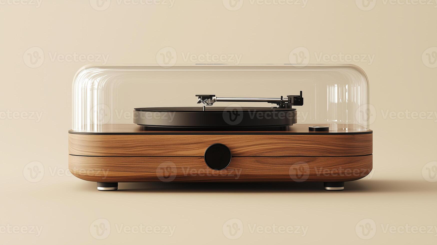 Stylish retro turntable with wooden finish and transparent dust cover photo