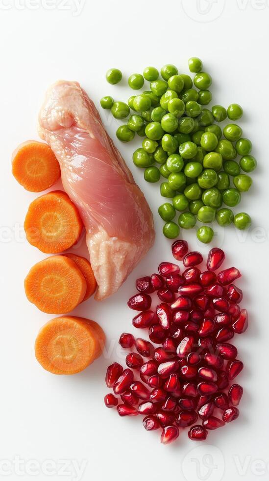 Raw chicken breast with sliced carrots, green peas, and pomegranate seeds arranged on a white background photo