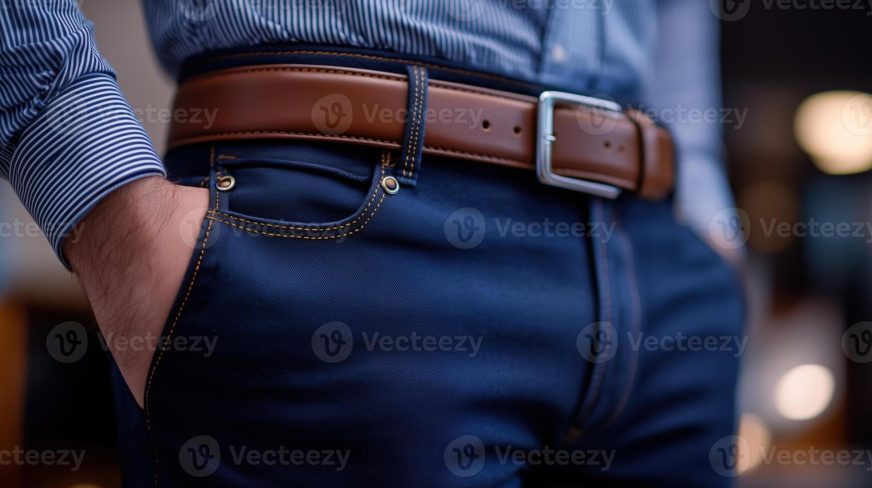 Stylish men's outfit showcasing fitted navy blue jeans and a brown leather belt photo