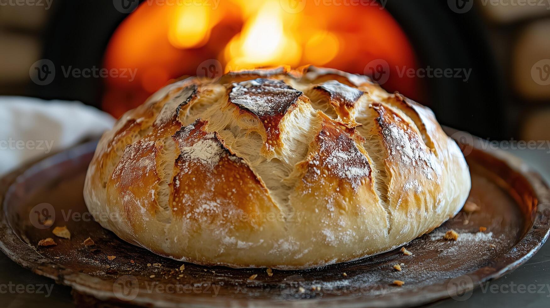 Freshly baked artisan bread with crispy crust in front of a warm oven photo