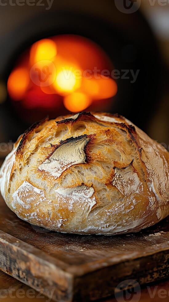 Freshly baked artisan bread with crispy crust on a wooden board photo