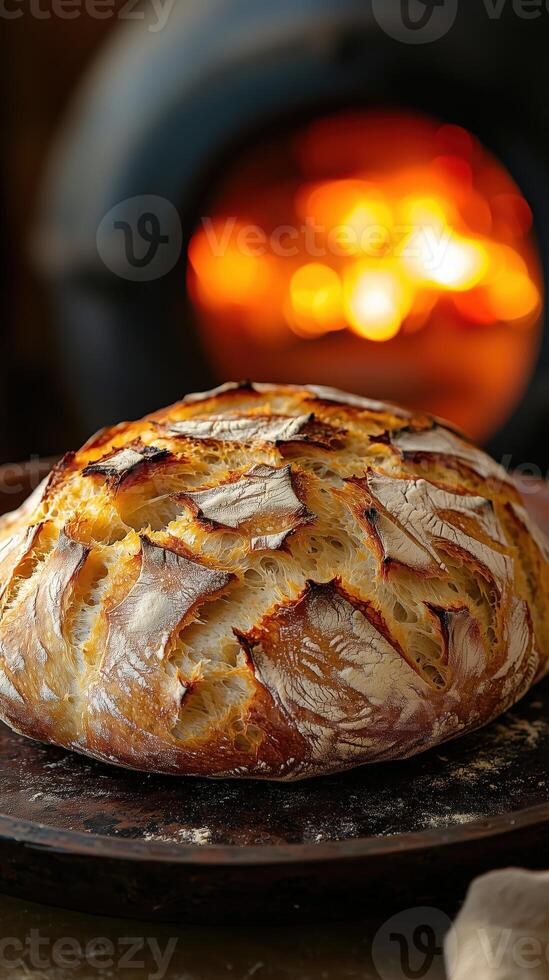 Freshly baked artisan bread with rustic crust in front of an open flame oven photo