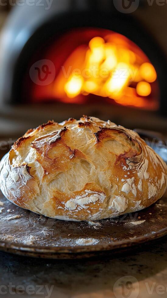 Freshly baked artisan bread in front of a warm, glowing wood-fired oven photo