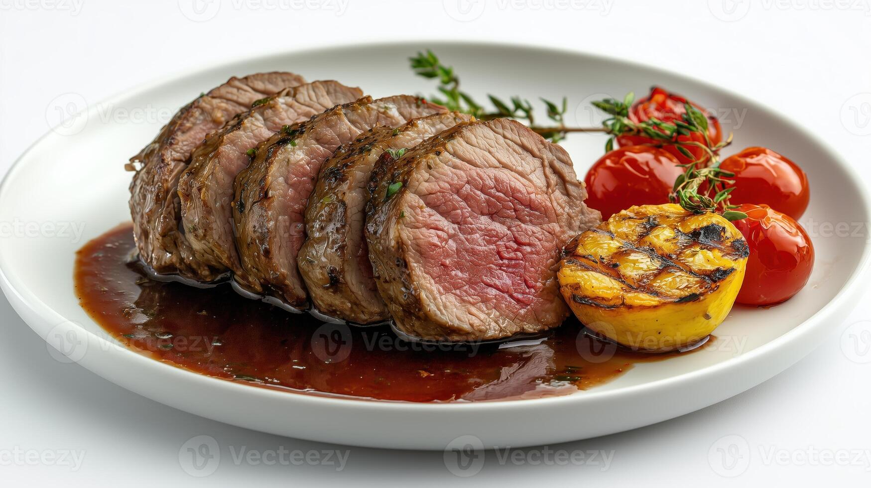 Grilled beef tenderloin served with cherry tomatoes and grilled lemon on a white plate photo