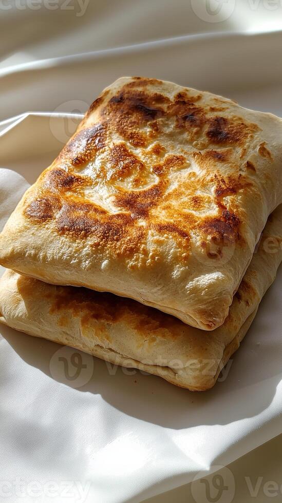 Golden brown flatbreads stacked on a creamy white background photo
