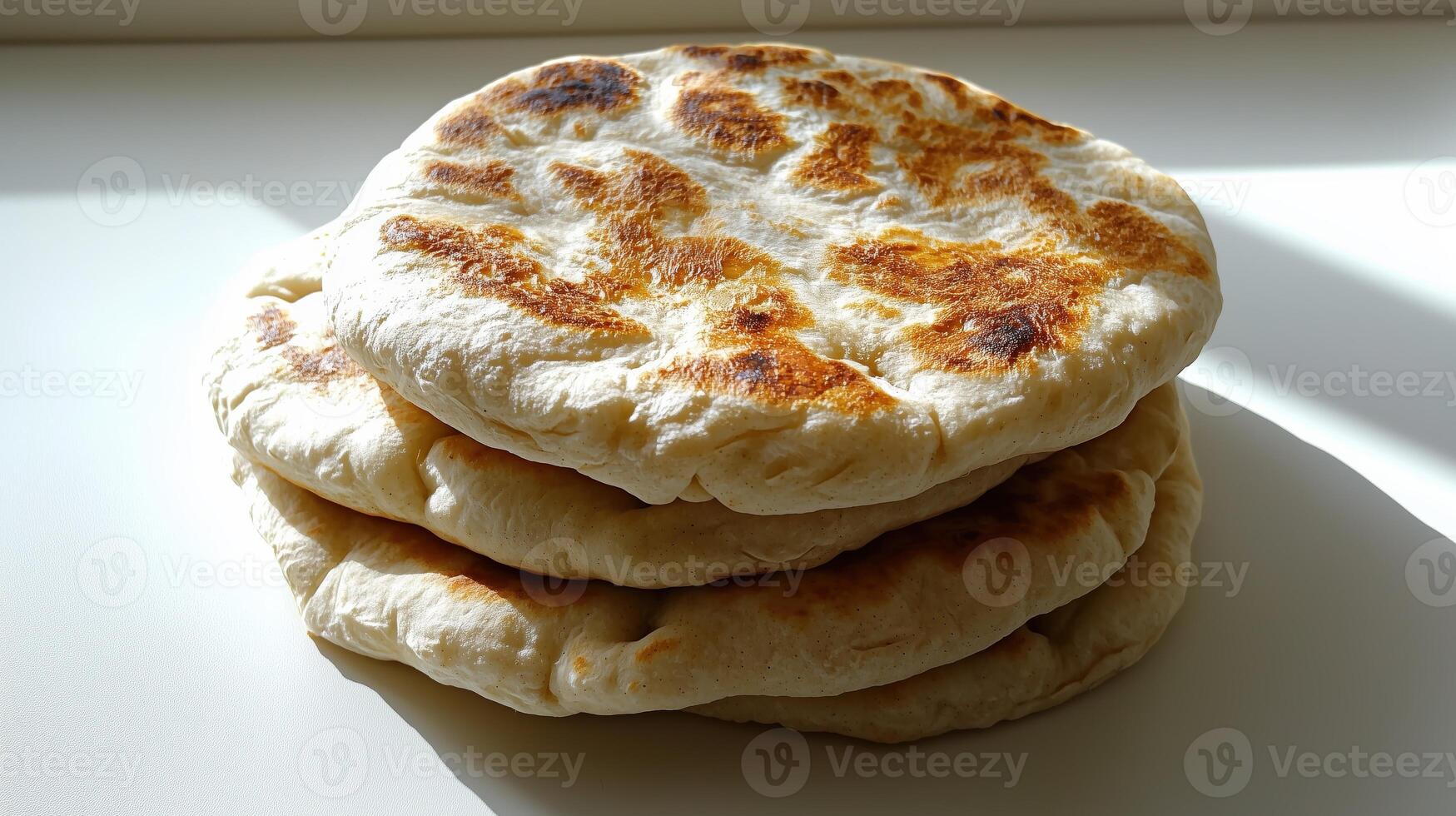 Freshly baked naan bread stacked on white surface photo
