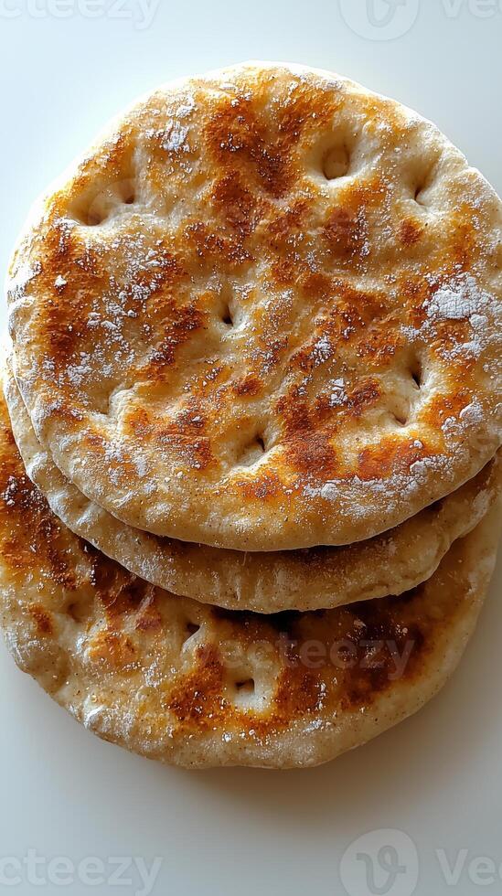 Freshly baked flatbread stacked on white background photo