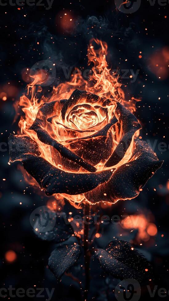 Burning rose. A stunning visual of a black rose surrounded by flames and dance of sparks photo
