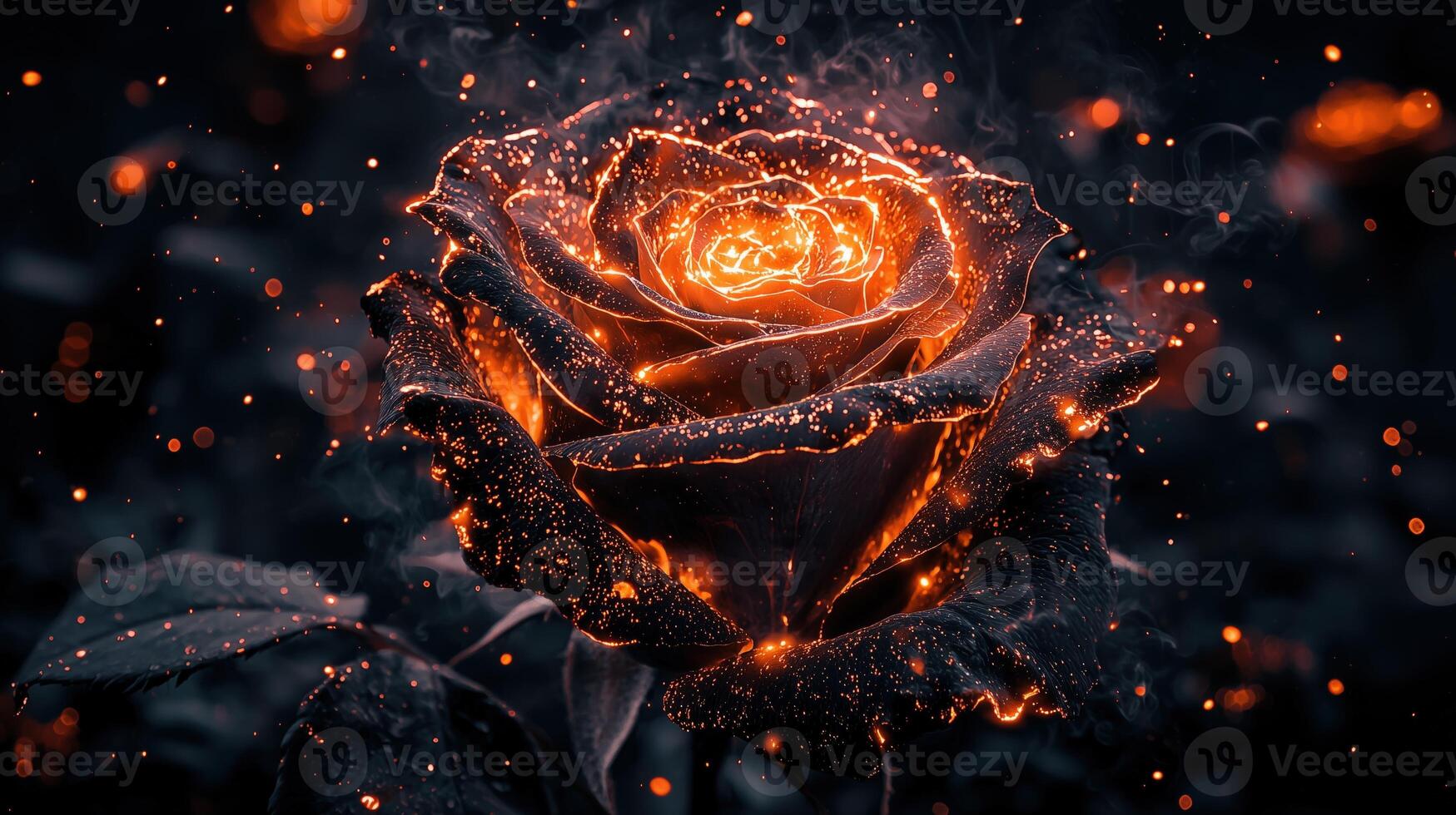 Hypnotic black rose with glowing embers and sparkling particles in dark background photo