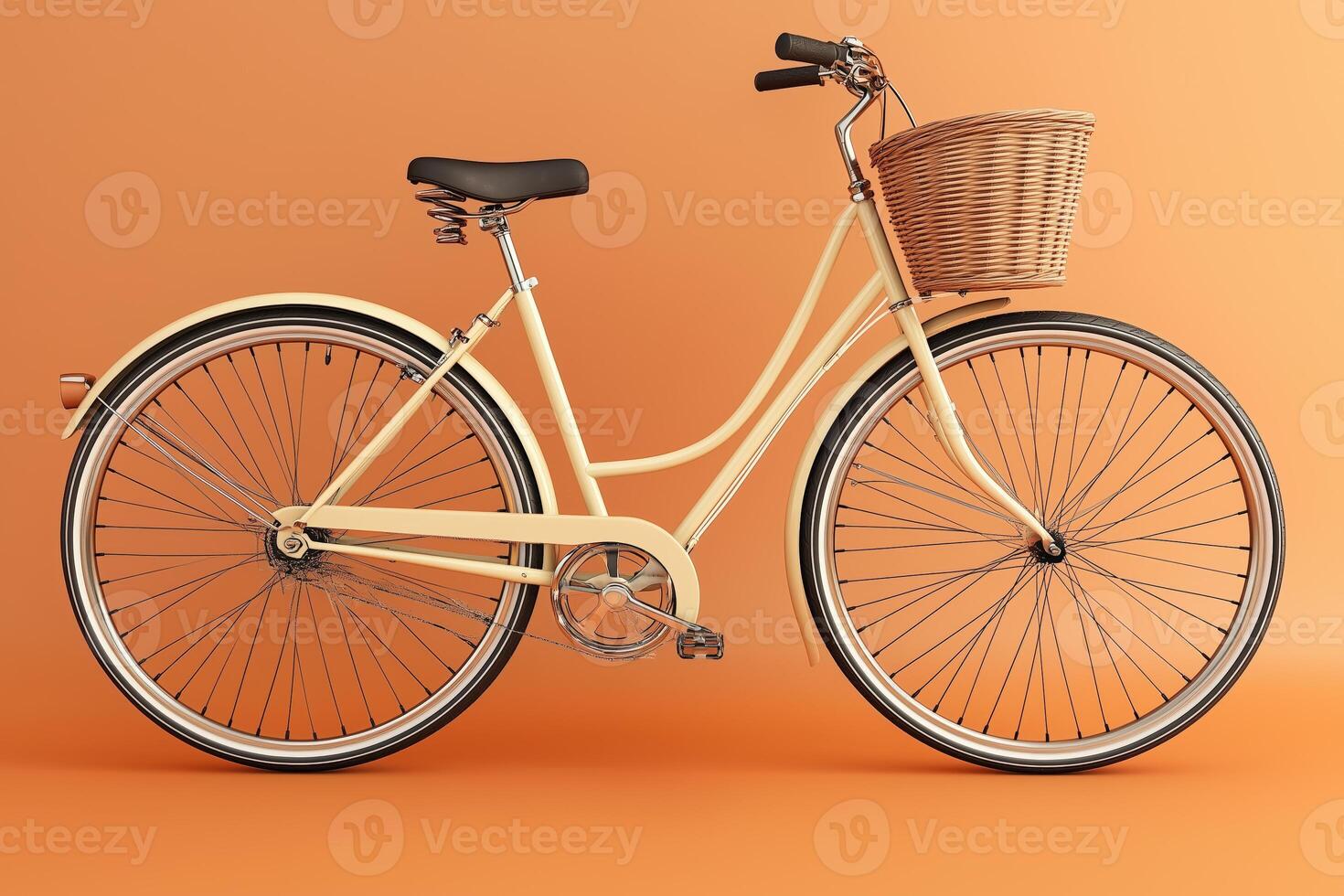 Vintage-style bicycle with a wicker basket on a vibrant orange background photo