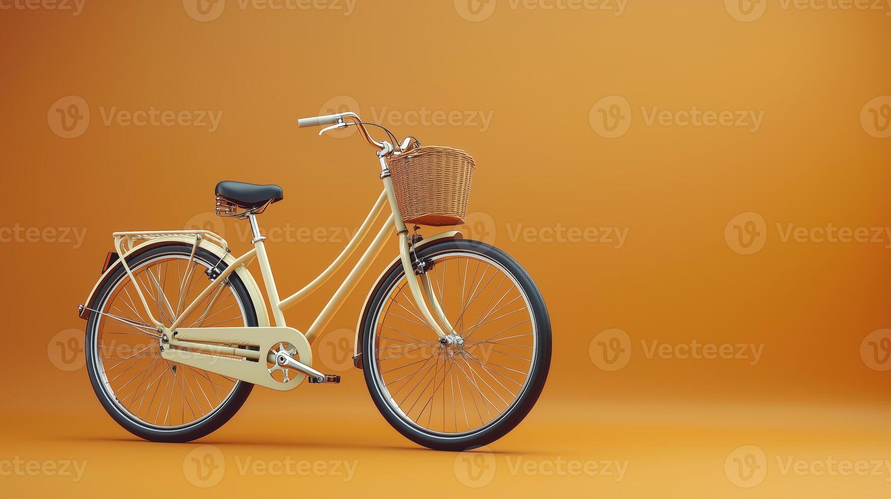 Vintage-style yellow bicycle with basket against a vibrant orange background photo