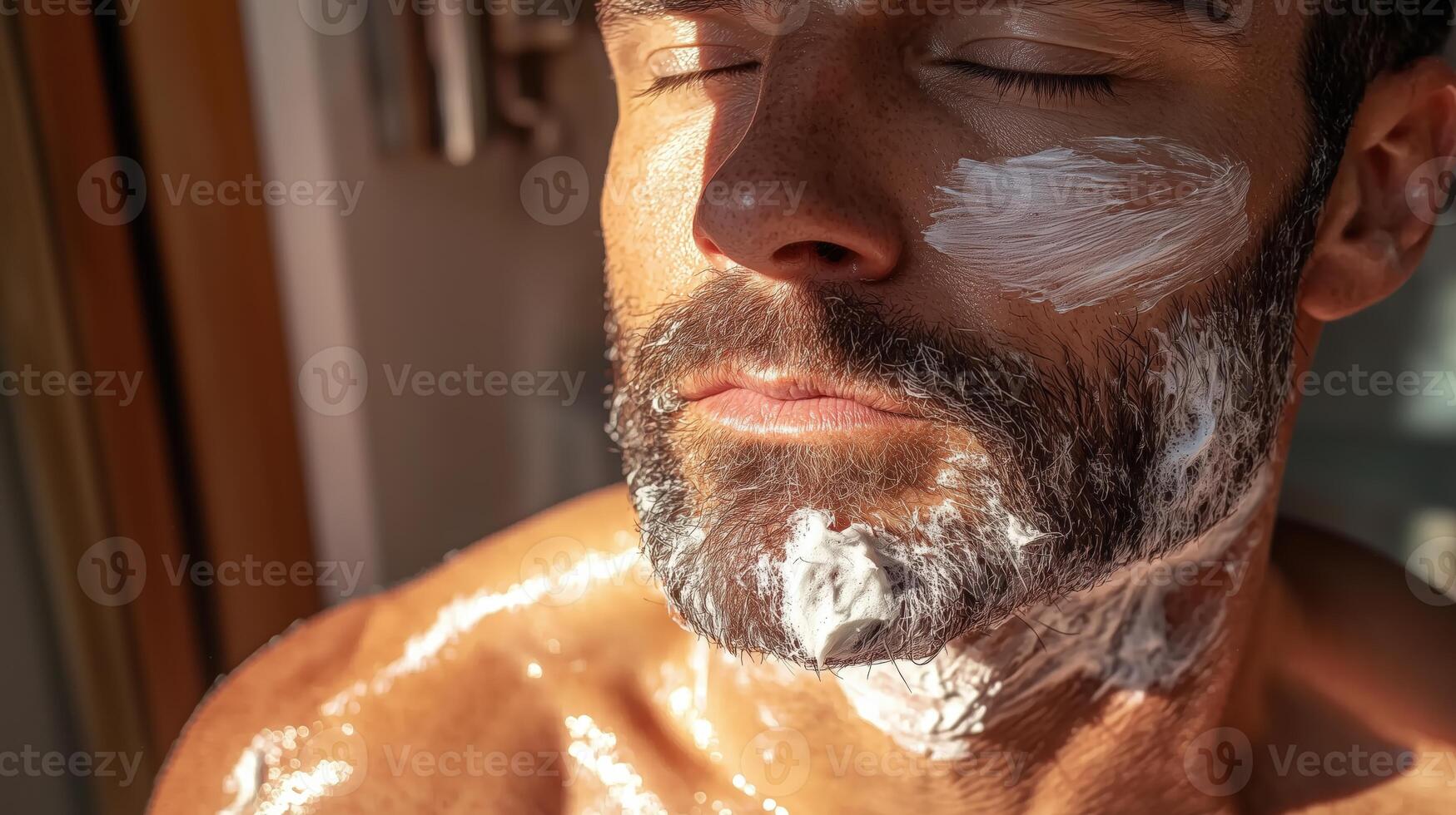 Close-up of a man with shaving cream on his face relaxing in natural light photo