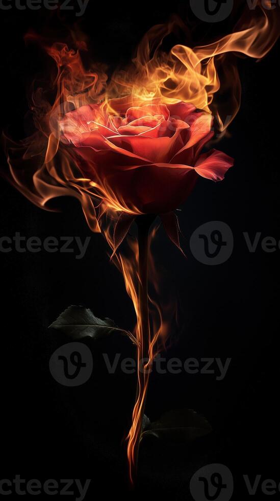 Elegant rose in flames. A striking visual contrast of beauty and fire photo