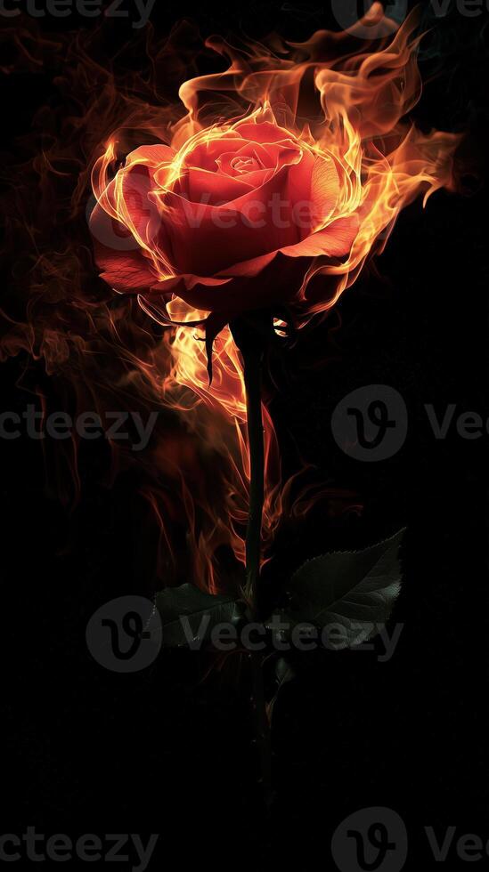 Fiery red rose surrounded by flames on a black background photo