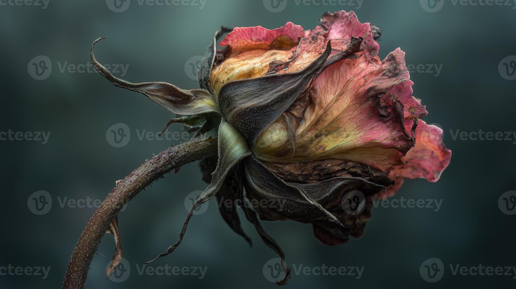 Close-up of a withered rose showing petals and leaves in decay photo