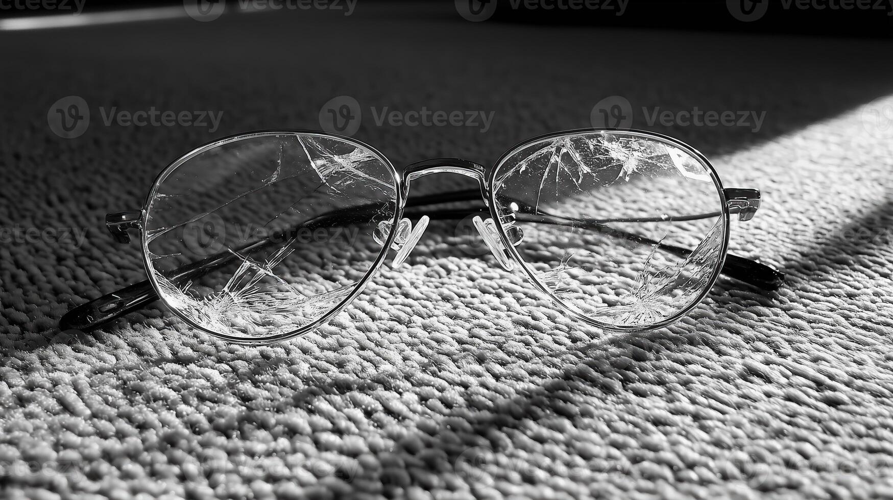 Broken glasses lying on a carpet with light and shadow play in black and white photo
