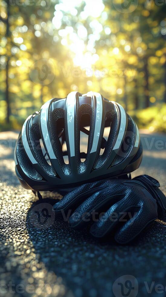 Close-up of a bicycle helmet and gloves on a sunny trail with blurred forest background photo