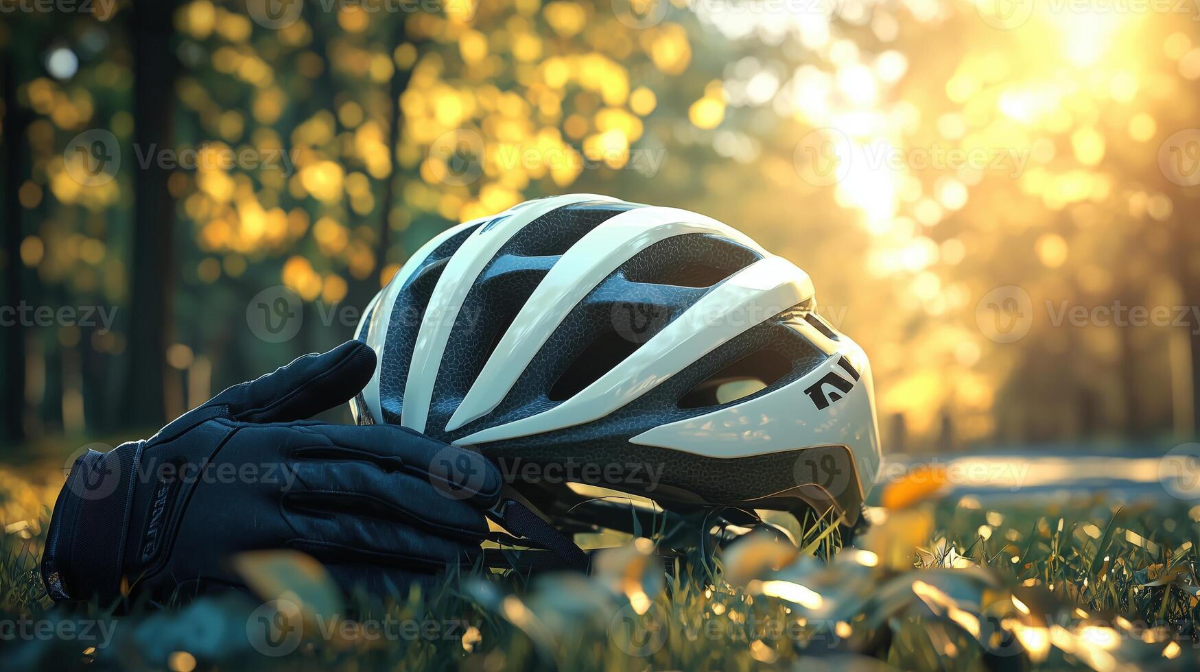 Cycling helmet resting on grass amidst autumn sunshine and fallen leaves photo