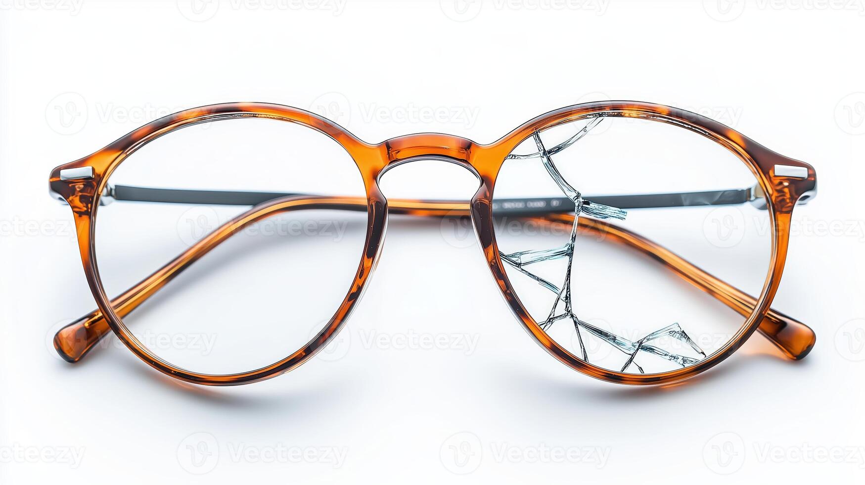 Broken vintage round glasses with cracked lens in tortoiseshell frame photo