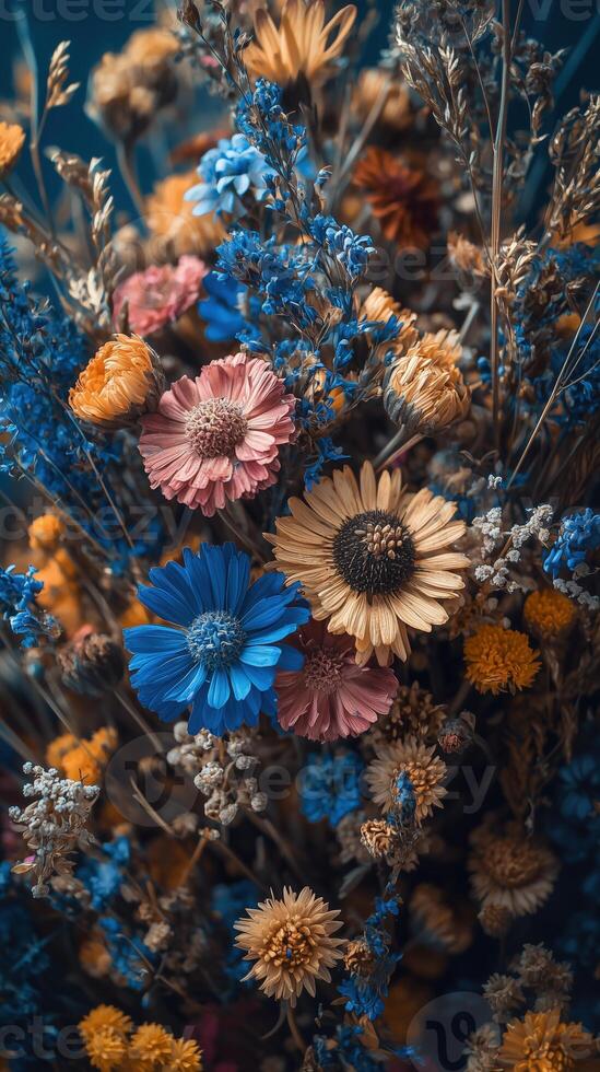 Vibrant bouquet of dried flowers featuring sunflowers, cornflowers, and other colorful foliage photo