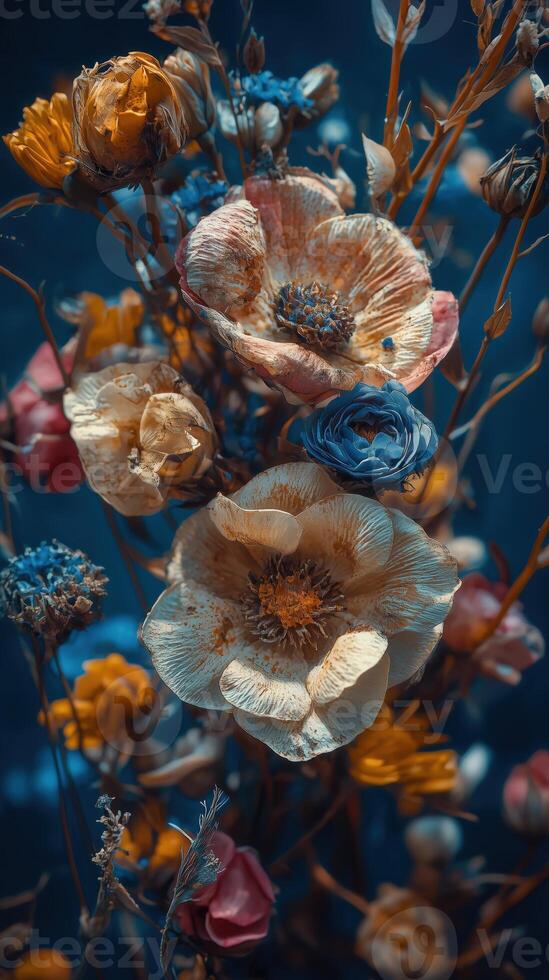 Vibrant dried flowers arrangement with unique blue rose and colorful petals photo