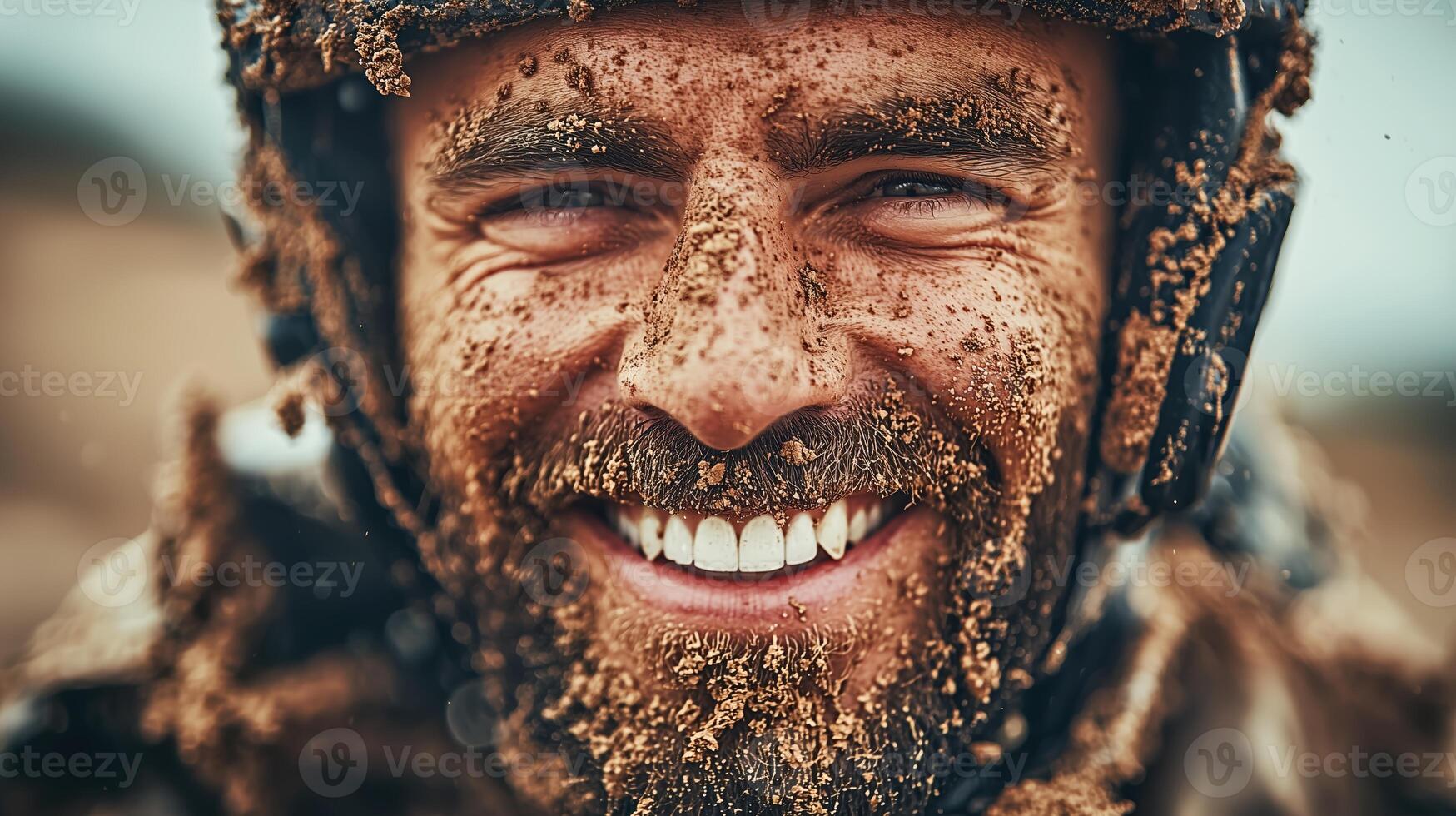 Close-up of a joyful male soldier with a muddy face and a helmet, showcasing a beaming smile photo