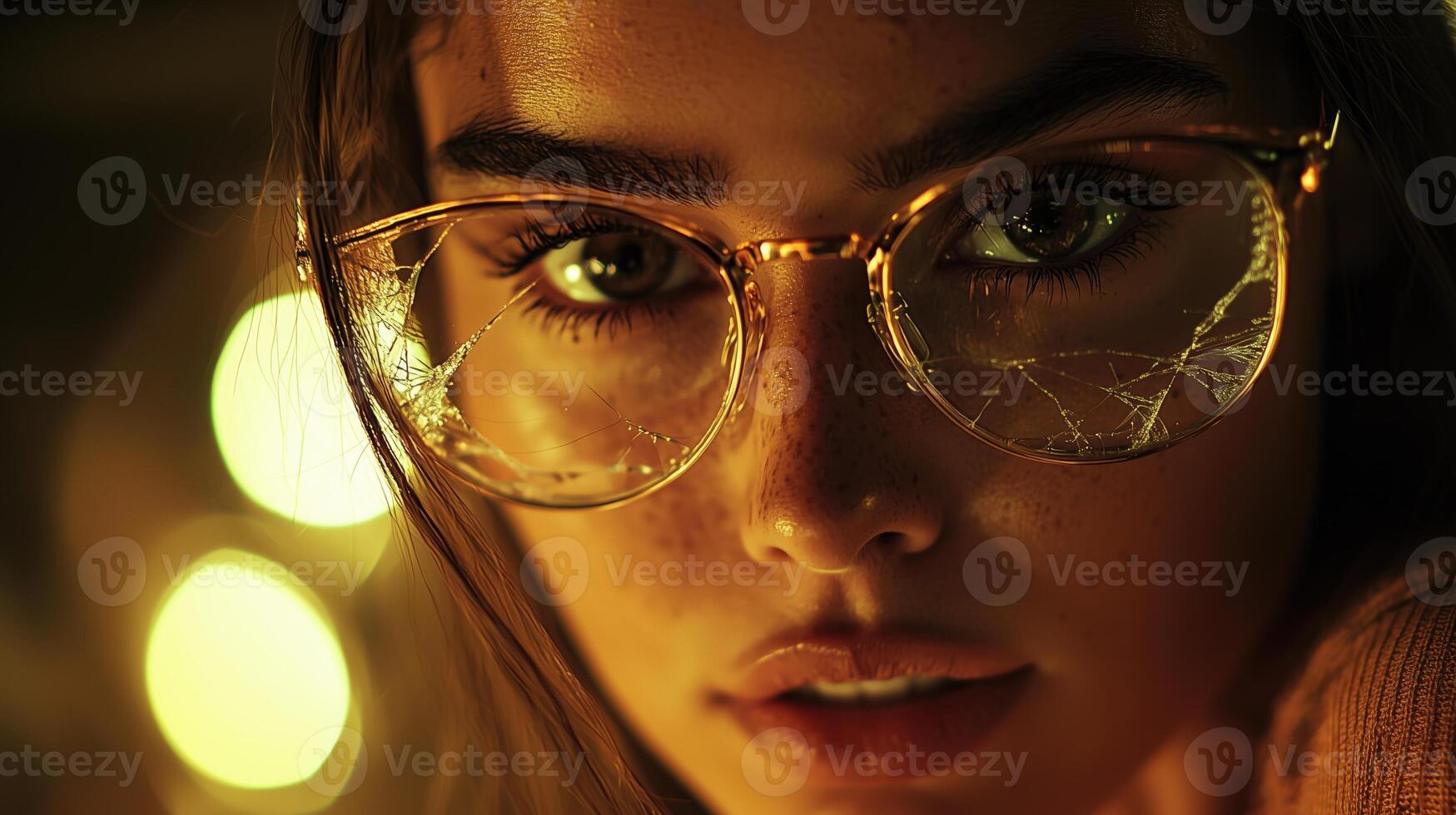 Close-up portrait of a young woman with glasses and freckles against a blurred backdrop photo
