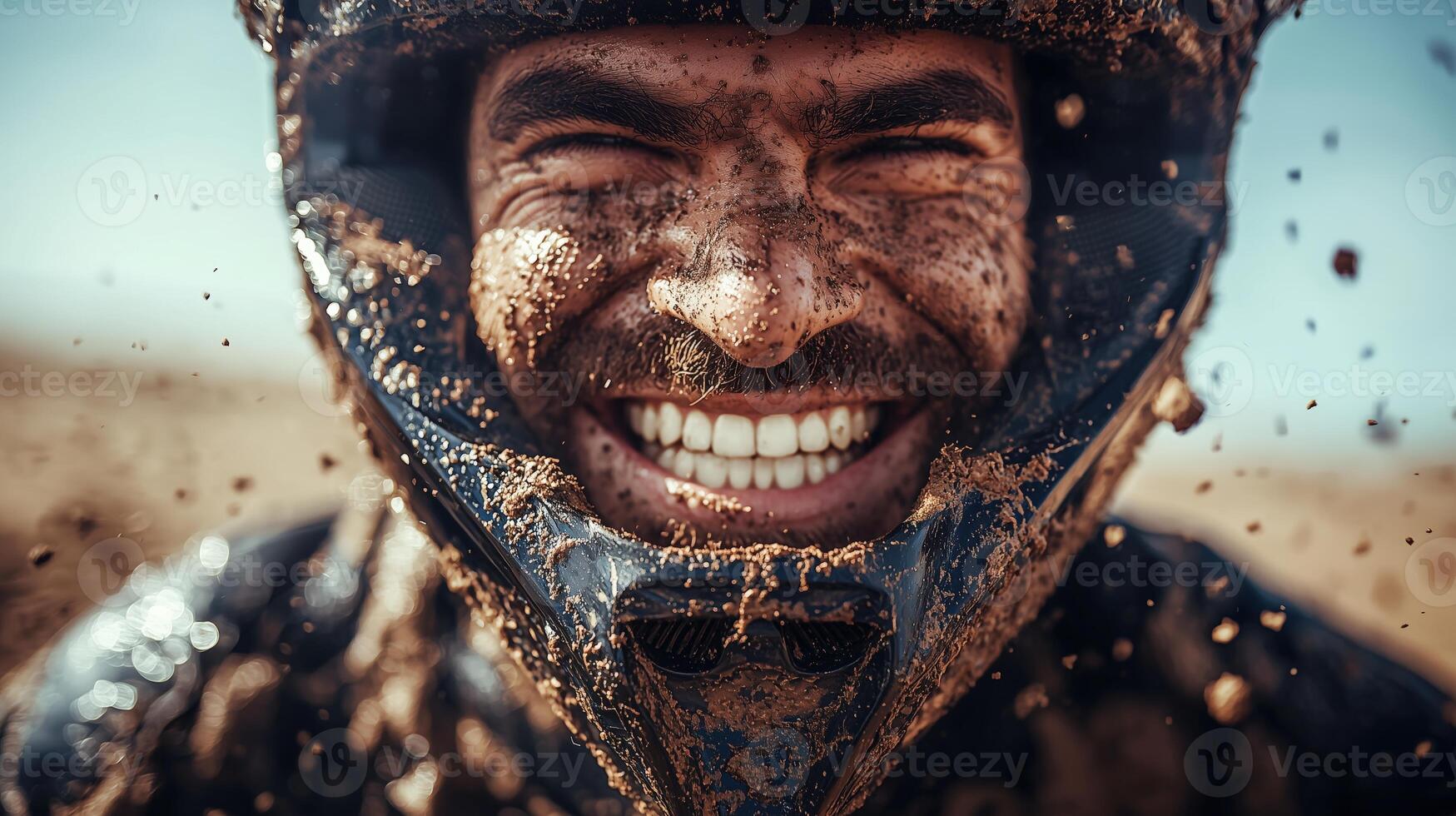 Joyful motocross rider covered in mud smiling during an exhilarating dirt bike race photo