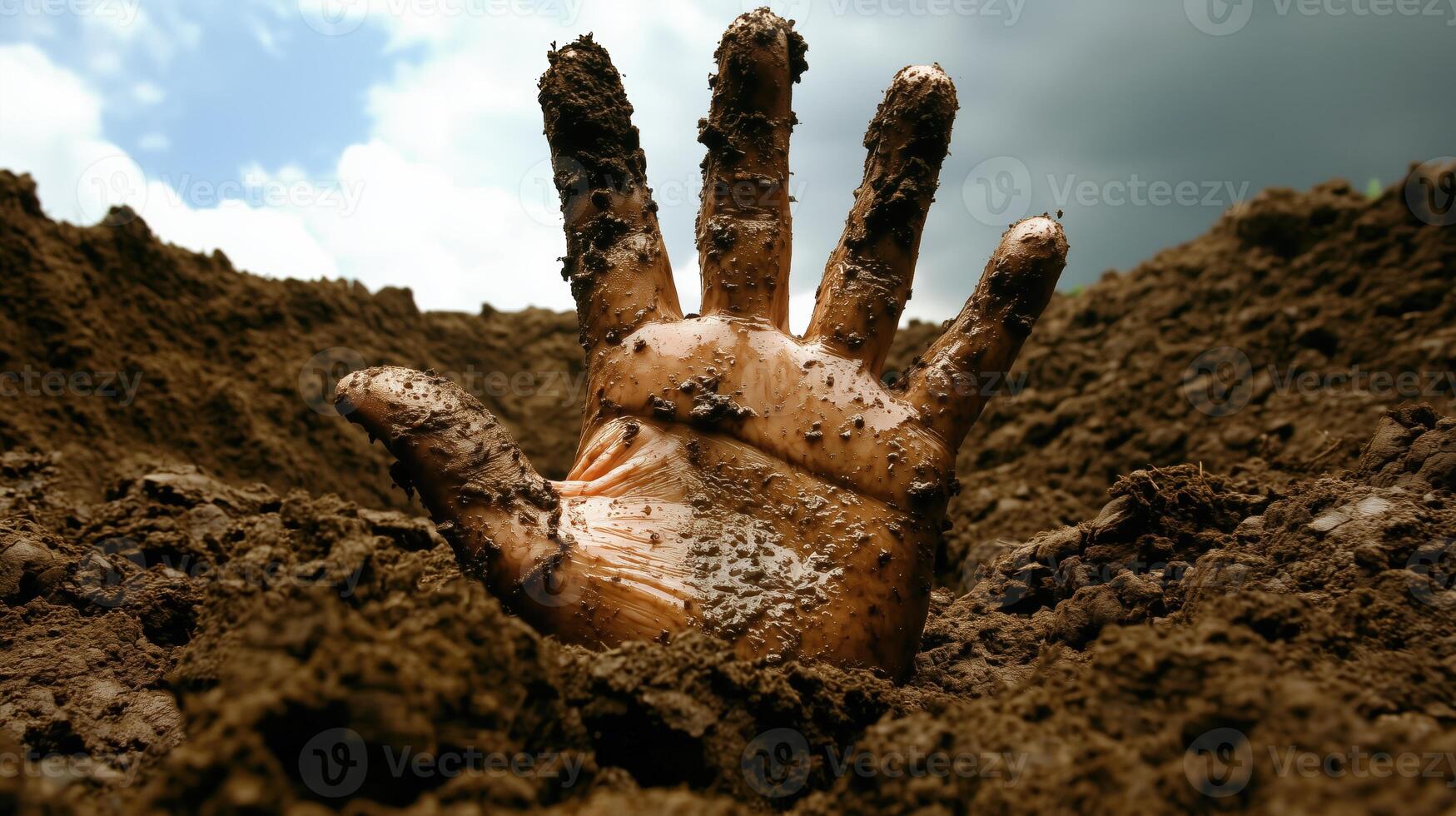 Hand emerging from soil surrounded by earth and rocks in a dramatic sky photo